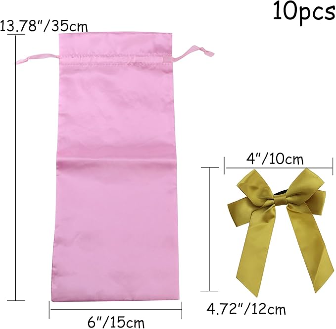 HEVSTIL 10Pcs Satin Wine Bags Wine Gift Bags with Decorative Bows,Wine Bottle Bags Reusable Wine Bottle Covers for Christmas, Wedding, Birthday, Travel, Holiday Party,Housewarming Gifts,Pink
