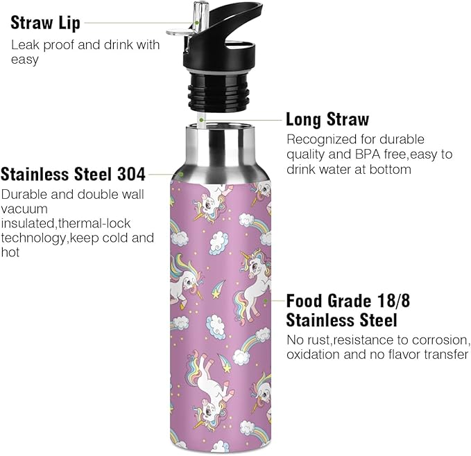 MNSRUU Insulated Water Bottle with Straw, Rainbow and Unicorns Stainless Steel Flasks for Sports Cycling Hiking School