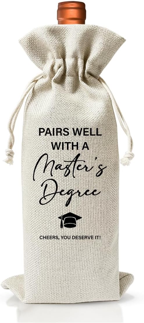 Masters Degree Graduation Gift Wine Bag For Him Her Son Daughter Friend Man Women, College Graduation Party Decor or Favors, Cotton Linen Wine Gift Bag With Drawstring