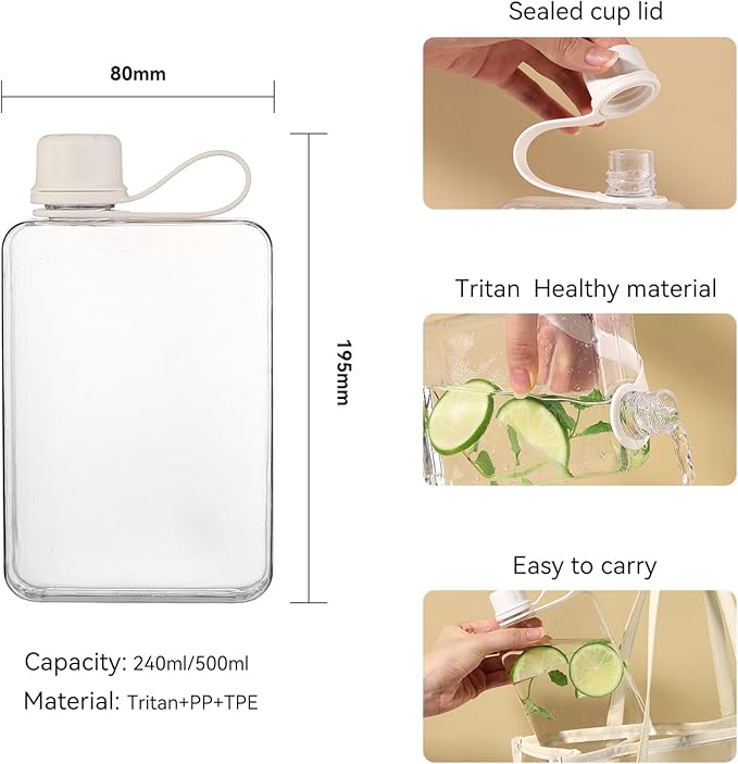 MoChic Flat Water Bottle Portable Slim Water Bottle Design BPA Free Wallet Water Bottle Can be Put into Small Pockets, Makeup Bags and Handbags,Suitable for Travel,Work and Outdoor Sports 17oz(white)