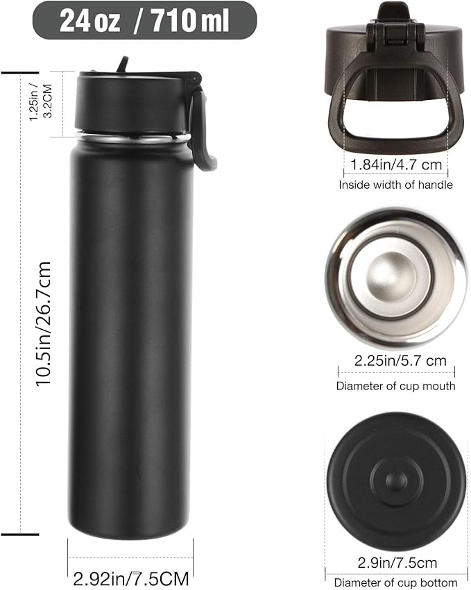Volhoply 24 Ounce Insulated Water Bottle With Straw Lid,Stainless Steel Wide Mouth Sport Bottles With Handle,Double Wall Vacuum Thermos Keep Cold,Reusable Travel Thermal Cups For Holder,Gym(Black,1)