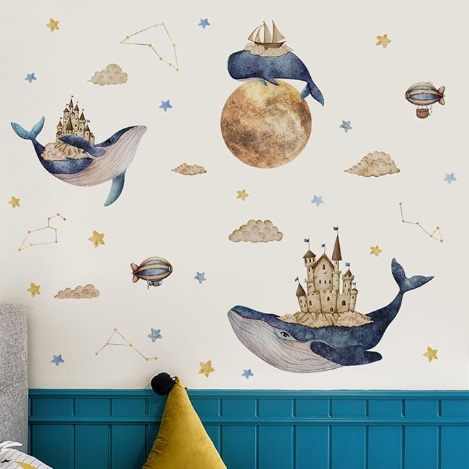 Ocean & Space Whale Wall Sticker - Colorful Watercolor Art, Easy to Apply