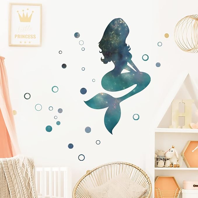 Mermaid Wall Stickers - Enchanting Blue & Green Design, 70cm x 27.5in, with 90 Bubbles