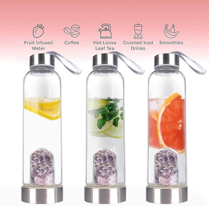 Crystal Glass Water Bottle, Glass Water Bottle with Changeable Natural Crystal Center, Quartz Gemstone Water Bottle for Natural