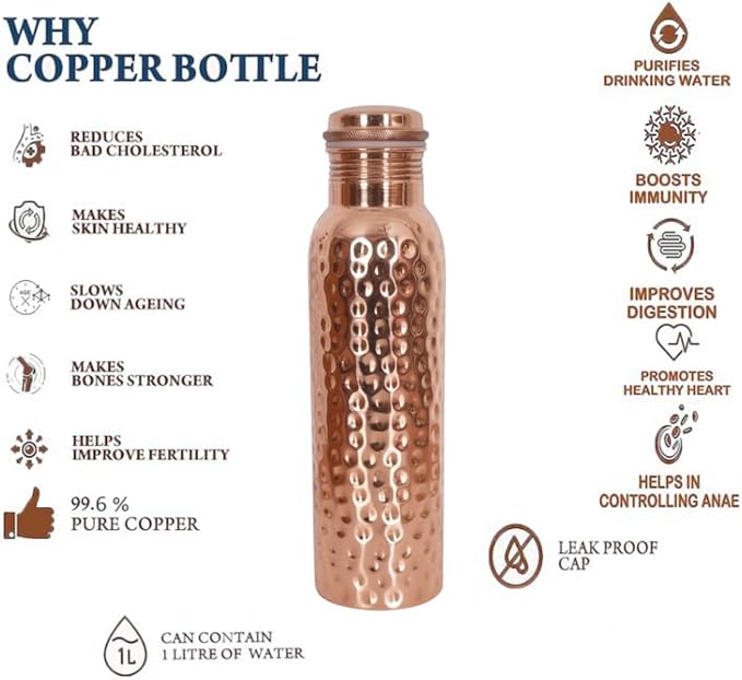 Pure Copper Water Bottle, Hammered Seamless, UNLINED, UNCOATED and LACQURED-FREE, 1000 Ml (33.81 Fl Oz) Capacity For Ayurveda Health Benefits Set of 4, Rose Gold