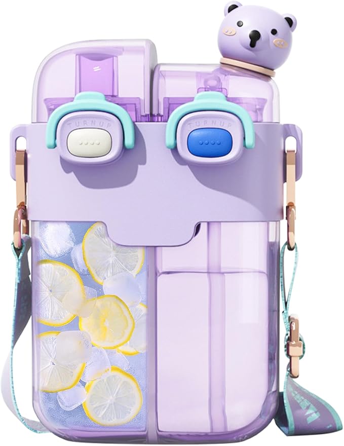 Cute Water Bottle for Kids: 26oz Kawaii Water Bottle for Girls, Funny Bear Water Bottles with Straw and Strap, Dual Compartments Leak-Proof Plastic Drinking Cup for School Sport Travel (Purple)