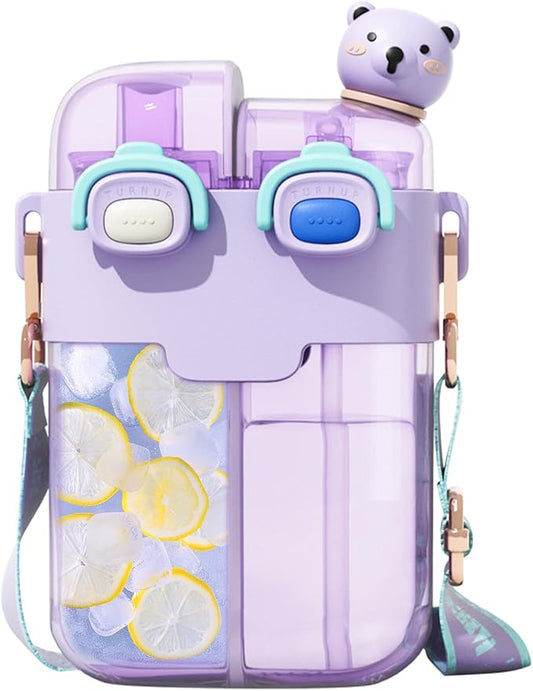 Cute Water Bottle for Kids: 26oz Kawaii Water Bottle for Girls, Funny Bear Water Bottles with Straw and Strap, Dual Compartments Leak-Proof Plastic Drinking Cup for School Sport Travel (Purple)