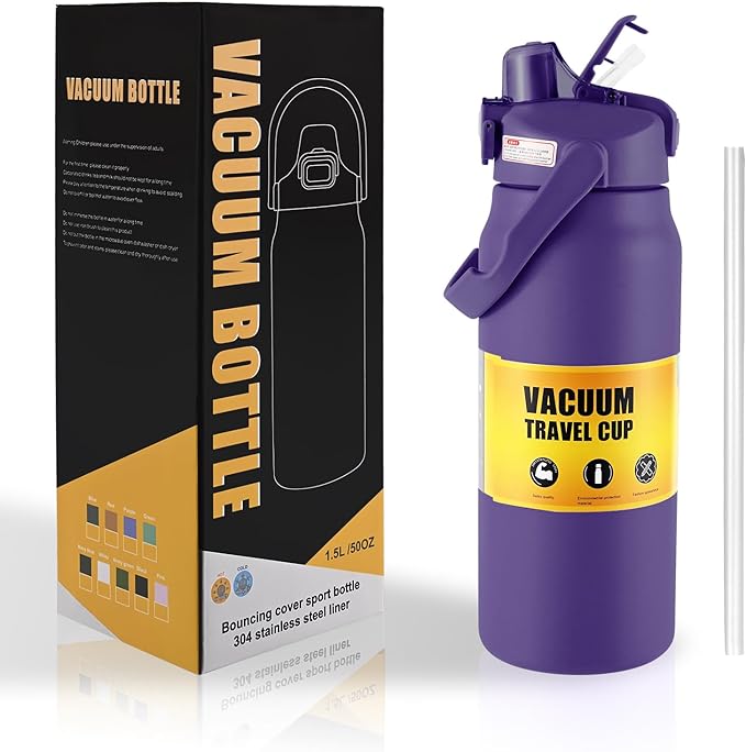 50oz/1.5L Insulated Sports Water Bottle, Stainless Steel Double Wall Water Jug with Handle, 2-in-1 Chug Spout and Straw Lid with Lock Cover for School, Outdoor, Sports & Travel, Purple