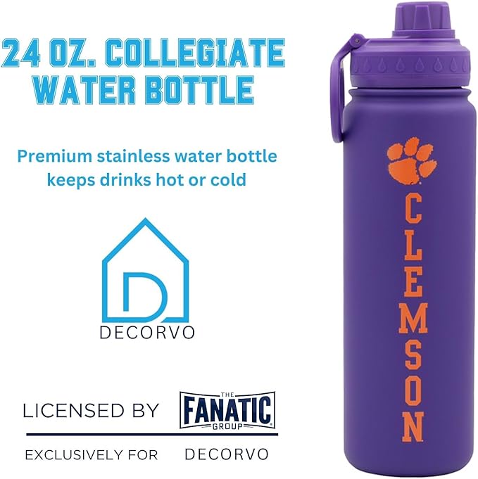 Clemson University Water Bottle - Purple Double Walled Stainless Steel 24 oz Keeps Drinks Cold or Hot