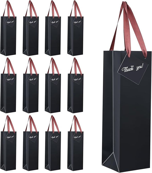 Wine Bags, 12 Packs, Strong Card Paper Wine Gift Bag with Ribbon Handles and Thank You Card, 4-3/8x 4 x 14 Fit 750ml Wine Bottle or Champagnes - Black 12