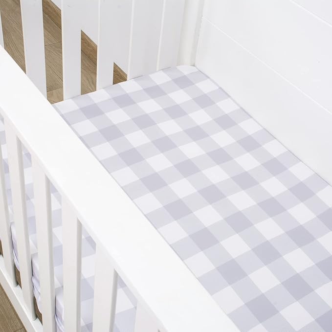 JISEN Baby Crib Sheet 1 Piece Portable Fitted Crib Sheet for Standard Crib and Toddler Mattresses Nursery Bed Decor for Boys Girls 28x52 Inch Grid Grey White