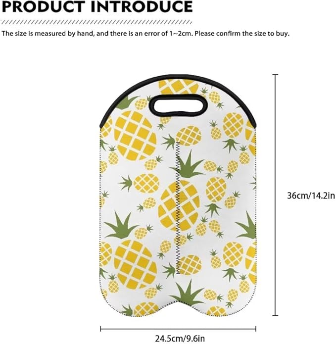 doginthehole Pineapple Print Neoprene Wine Bag Two Bottle Wine Gift Tote Bags Wine Carry Holder 750ML Portable Water Drinks Beer Insulated Bag for Travel, Picnic, Party
