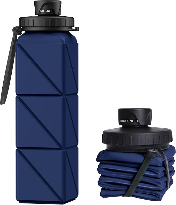 INNERNEED Collapsible Water Bottle, Reuseable BPA Free Silicone Foldable Water Bottles for Travel Gym Camping Hiking, 20.6 fl.oz, Portable, Food-Grade, Leak Proof (1 Pack, Dark Blue)