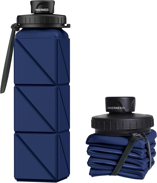 INNERNEED Collapsible Water Bottle, Reuseable BPA Free Silicone Foldable Water Bottles for Travel Gym Camping Hiking, 20.6 fl.oz, Portable, Food-Grade, Leak Proof (1 Pack, Dark Blue)