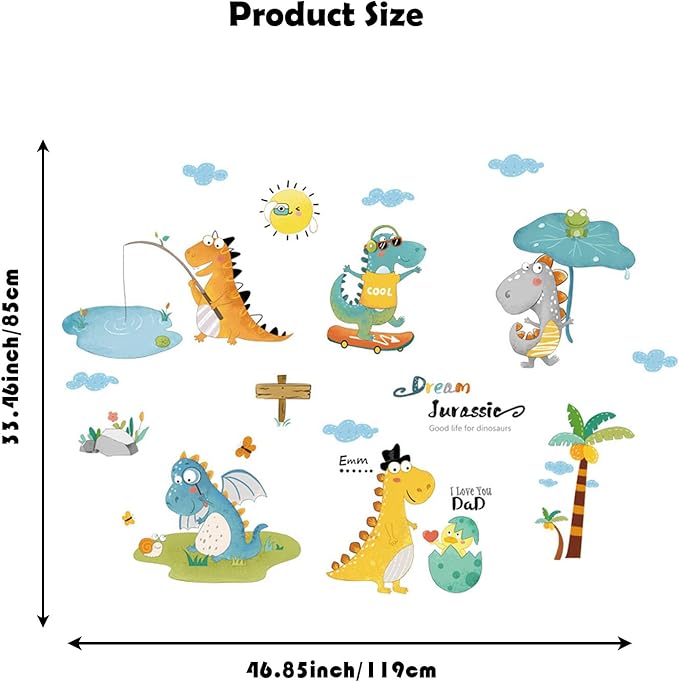 Cartoon Dinosaur Wall Decals Tyrannosaurus Rex Dinosaur Eggs Wall Stickers for Boy's Room Kids Baby Nursery Bedroom Playroom Living Room Wall Decor