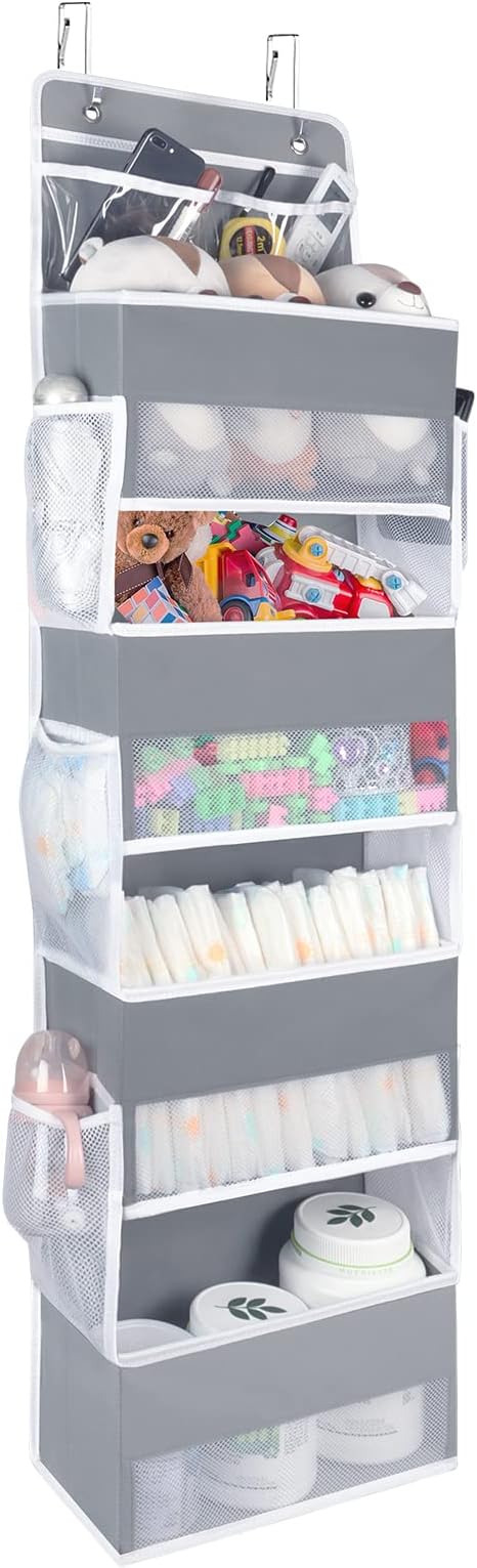 Univivi Over the Door Organizer, 5 Shelf Door Hanging Organizer Nursery Door Storage with 4 Large Compartments and 2 Small PVC Pockets 6 Side Pockets for Bathroom,Cosmetics and Nursery Baby Essential