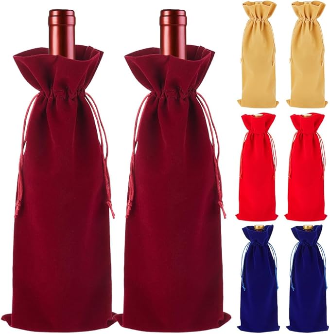 PLIGREAT 8 Pcs Velvet Wine Bags 4 Color Wine Gift Bags with Drawstrings, Reusable Wine Bottle Bags for Wedding, Birthday, Dinner Party, Christmas Congrats Gift Bags, Wine Wrapping Bags