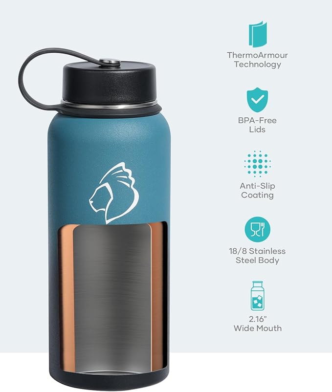 BUZIO Water Bottle with Straw Lid and Flex Cap, 32oz Modern Double Vacuum Stainless Steel Water Flask, Cold for 48 Hrs Hot for 24 Hrs Simple Thermo Canteen Mug, Indigo Black