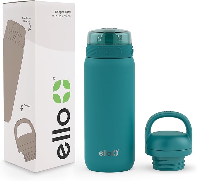 Ello Cooper 18oz Kids Stainless Steel Water Bottle with 2 Lids Chug and Straw | Leak Proof Double Walled and Vacuum Insulated | Fits Car Cupholder | Built in Carry Loop | Dishwasher Safe | Antigua