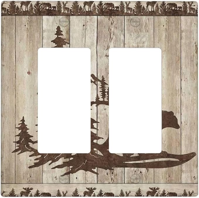Rustic Wood Bear Forest 2 Gang Rocker Decora Light Switch Cover Decorative Vintage Antique Cabin Outlet Covers Wall Plate Electrical Faceplate Switchcovers GFCI for Farmhouse Bathroom Bedroom Decor