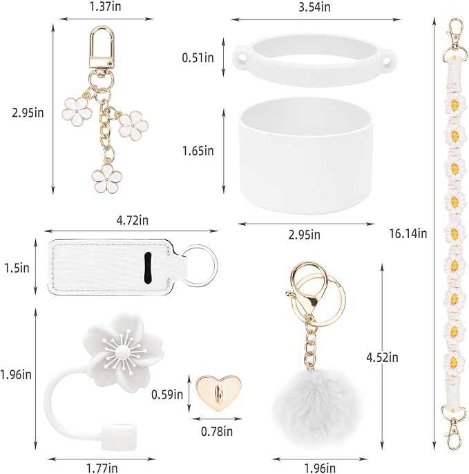 Stanley Cup Accessories Set Including 1 Pcs Siliocne Stanley Cup Boot, 1 Pcs Water Bottle Handle Strap, 1 Pcs Siliocne Straw Cover, 3 Pcs Stanley Charms for Stanley Cup 40oz & 30oz Tumbler - White