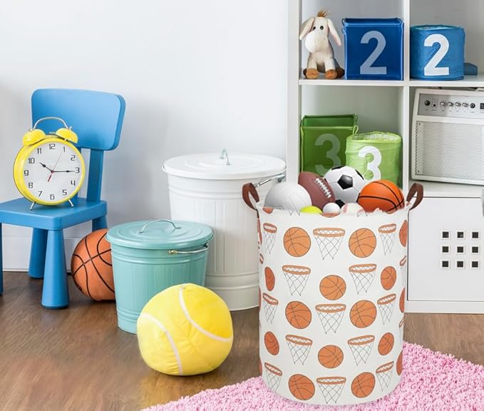 Kids Laundry Hamper,Canvas Basketball Laundry Basket Collapsible Boys Storage Baskets for Home,Office,Toy Organizer,Home Decor(basketball)