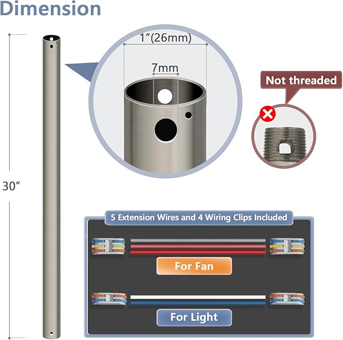 30" Ceiling Fan Downrod, 【1 Outside Diameter】 Brushed Nickel Extended Downrod, including 4 Wire Connectors and 5 Extension Wires (No Threads)