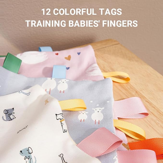 Baby Tags Security Blanket, Sensory Soothing Blanket with Tags,Dotted Backing Taggies Blanket for 3-12 Months Boys and Girls. (Rainbow)