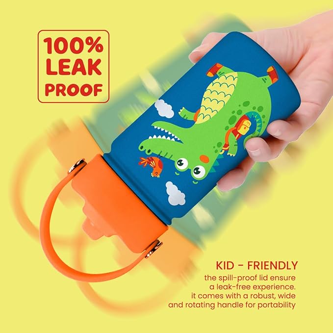 Crocodile Water Bottle - Kids Water Bottle with Straw Lid - 12 Oz Insulated Stainless Steel Water Bottles for Toddlers Kid Boys - Travel Cup for School Sports