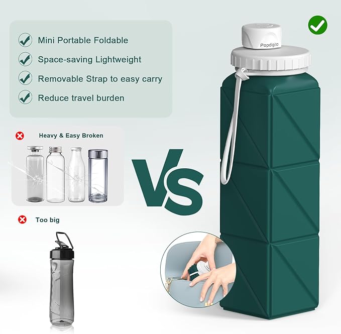 Collapsible Water Bottles Portable,BPA Free Food-Grade Silicone Reusable water Bottle For Outdoor Travel Hiking Sports,Compact,Lightweight Easy To Carry,Leakproof Water Bottles,Dark Green