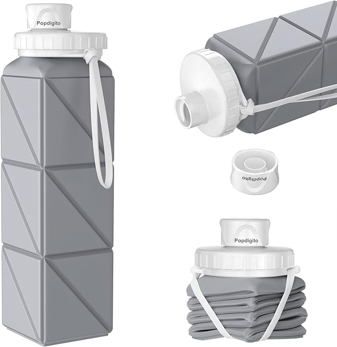Collapsible Water Bottles,BPA-Free Leak-Proof Silicone Foldable Water Bottle Cup 20.6oz,Durable Lightweight Bottle for Gym Travel Camping Hiking Running (Grey)