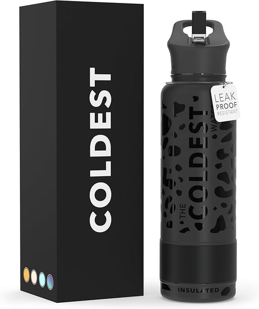 Coldest Sports Water Bottle with Straw Lid Vacuum Insulated Stainless Steel Metal Thermos Bottles Reusable Leak Proof Flask for Sports Gym (40 oz, Black Leopard)