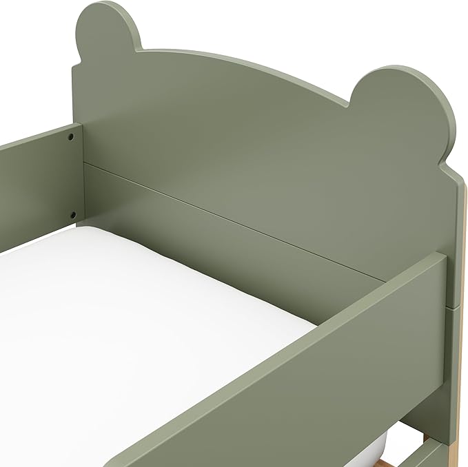 Storkcraft Teddy Bear Toddler Bed (Olive with Driftwood) - GREENGUARD Gold Certified, includes Toddler Safety Guardrails, Fits Standard Crib & Toddler Mattress, Stylish 2-Tone Design