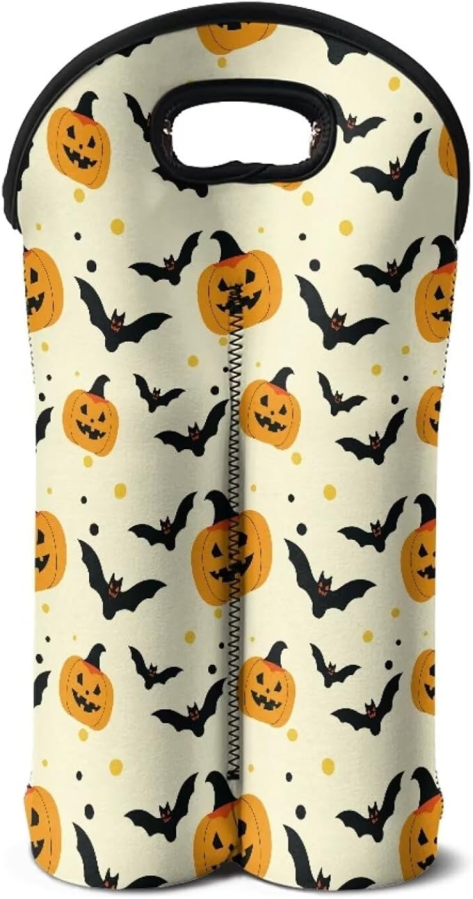 doginthehole 2 Bottle Wine Carrier Tote Halloween Pumpkin Bats Print Wine Bottle Protector Bag Portable Neoprene Wine/Beer/Champagne/Water Bottle Holder for Travel with Handle