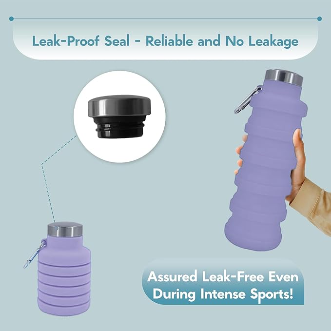Collapsible Water Bottles 17oz, Odorless BPA-Free Silicone, Leak-Proof Foldable Reusable Bottle - Perfect for Travel Sports Gym Hiking Camping Cycling - Lavender
