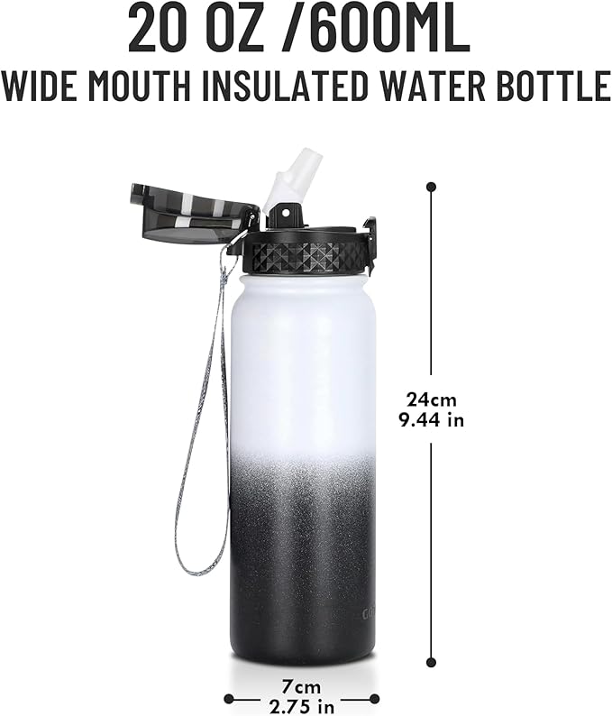 GOPPUS 20oz Insulated Stainless Steel Water Bottle with Straw Lid Leakproof Water Flask, Keeps Hot and Cold Sports Canteen Water Bottles for Kids Men Women Gym (White Black 1 Lid)