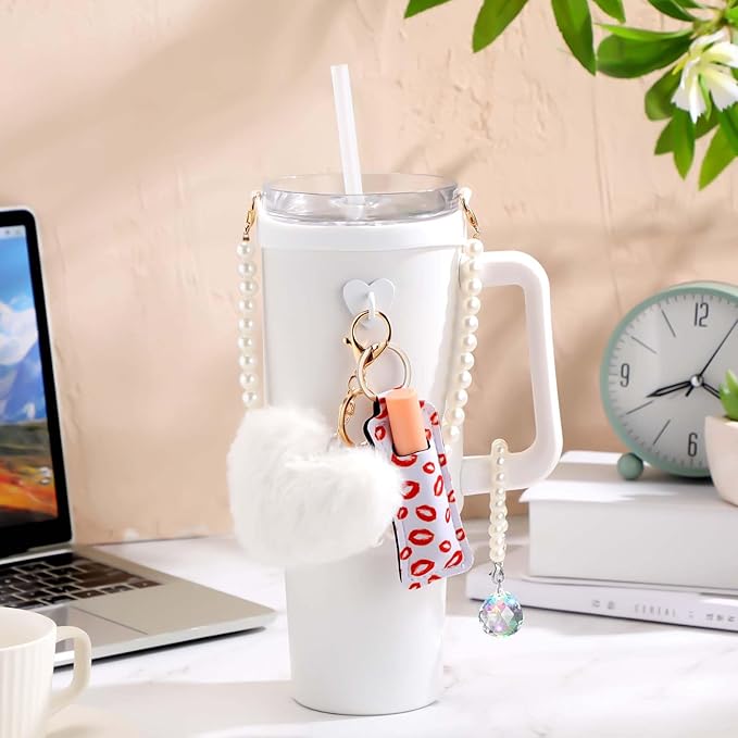 Water Bottle Accessories Set with Silicone Water Bottle Handle with Strap Hanging Charms Compatible with Stanley Cup(White)