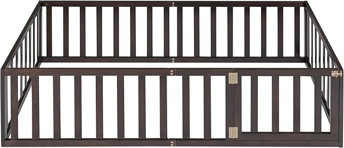 Twin Size Floor Bed with Fence, Solid Wood Floor Bed Frame for Kids with Door, Twin Platform Bed for Boys and Girls Kids Teens, Fun Design Multifunctional Floor Bed, for Children Bedroom