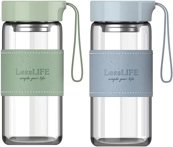 Snminetal 16 oz Borosilicate glass water bottle-with sealing cap and Holsters and filters Reusable Portable Glass drinking Bottle Apply to Make tea, coffee, office Go To School (Blue+Green)