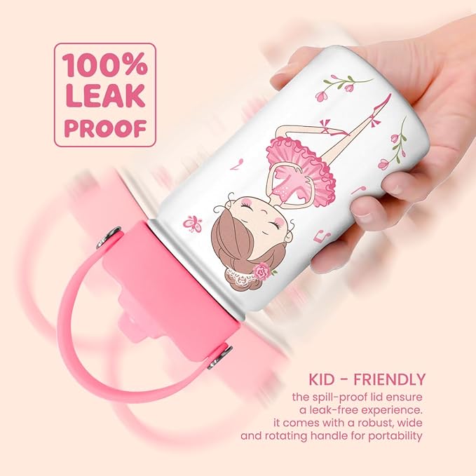Ballet Water Bottle - Kids Water Bottle with Straw Lid - 12 Oz Insulated Stainless Steel Water Bottles for Toddlers Kid Girls - Travel Cup for School Sports