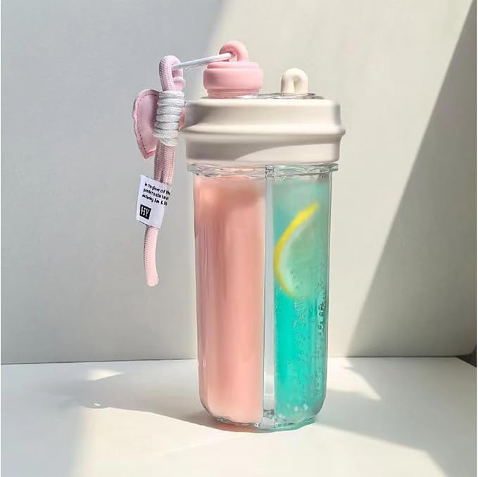 Creative Water Cup,One Cup of Two Different Drinks Two Straws Couple 850ml Outdoor Drinking Cup for Camping Hiking Backpacking Travel Office