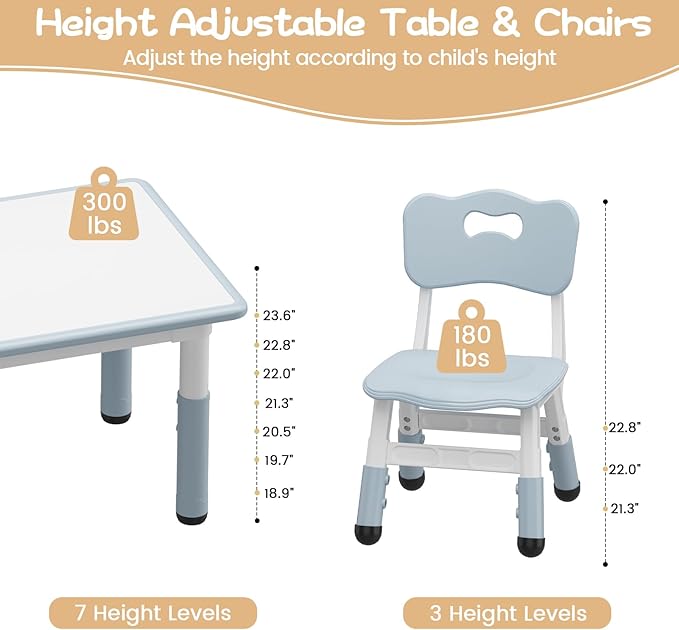Kids Table and Chair Set, Height Adjustable Toddler Table and 4 Chairs Set for Ages 2-10, Graffiti Desktop, Non-Slip Legs, Arts & Crafts Table, Children Activity Table for Daycare Classroom Home