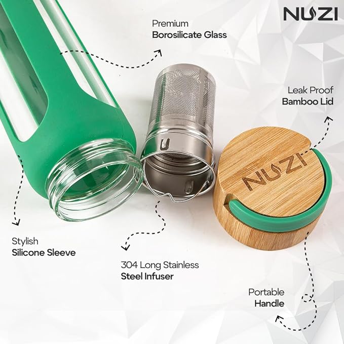 Glass Water Bottles with Stainless Steel Fruit Infuser | Insulated Water Bottle | Reusable Glass Water Bottles with Silicone Sleeve & Bamboo Lid | BPA Free and Leakproof | Sea Green | 1 Pc