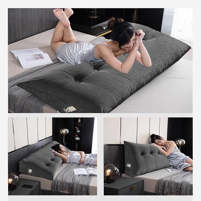 Gradient Velvet Triangular Wedge Pillow, Removable Cover Headboard Pillow for Daybed, Backrest Positioning Support Pillow Cushion Resting Reading Relaxing (Grey, Full(54 * 20 * 8in))