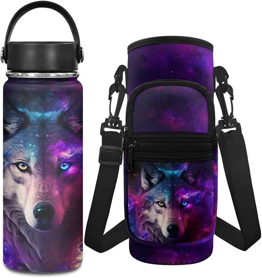 Wolf 18 OZ Stainless Steel Water Bottle for Boys 2 Pcs Water Bottle Holder Carrier Sling Water Bottle Pouch Sleeve Insulated Water Bottle with Shoulder Strap