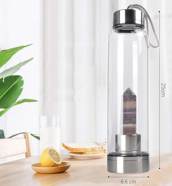 Crystal Glass Water Bottle Energy Quartz Gemstone Water Bottle with Changeable Natural Crystal Center for Healing and Wellness Bright Colorful Fluorite