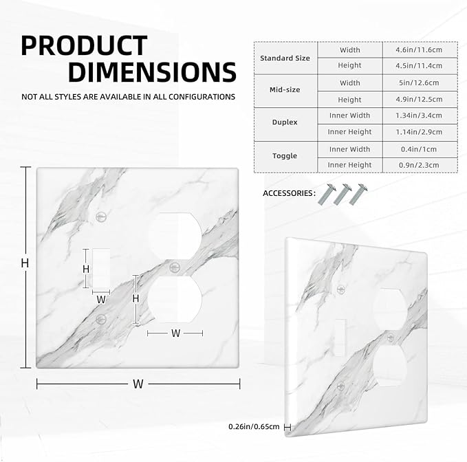 Marble Grey Wall Plate Decorative Light Switch Cover 2-Gang Combo Toggle/Duplex Outlet Faceplate for Bedroom Kitchen Farmhouse White
