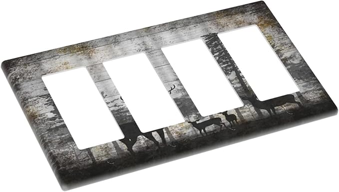 Rustic Deer Forest Vintage Wood Board 4 Gang Rocker Decora Boho Light Switch Cover Decorative Country Unique Outlet Covers Wall Plate Electrical Faceplate Switchplate GFCI for Farmhouse