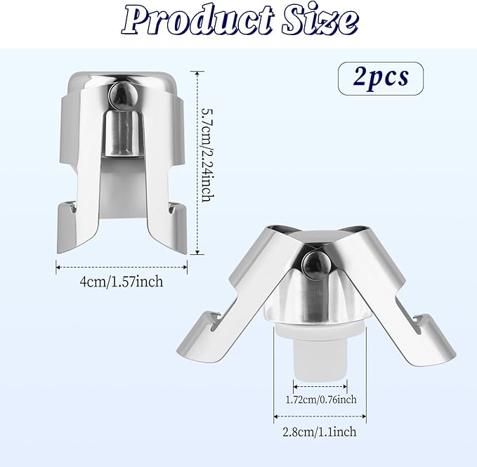 2Pcs Champagne Stoppers, Stainless Steel Wine Stopper, Food Grade Silicone Sparkling Wine Bottle Stoppers for Storing Champagne and Sparkling Wine, Leak-Proof, Sealed, Reusable (Silver)