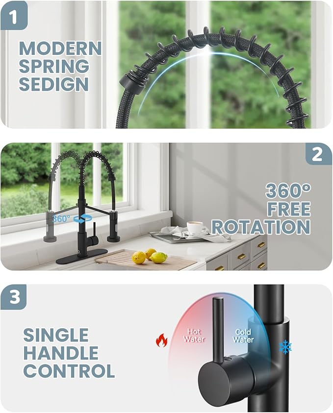 Kitchen Faucet Set, Black Kitchen Sink Faucets with Pull Down Sprayer and Soap Dispenser, Single Handle Stainless Steel Faucets for Kitchen Sinks, Farmhouse Kitchen Faucets with Deck Plate